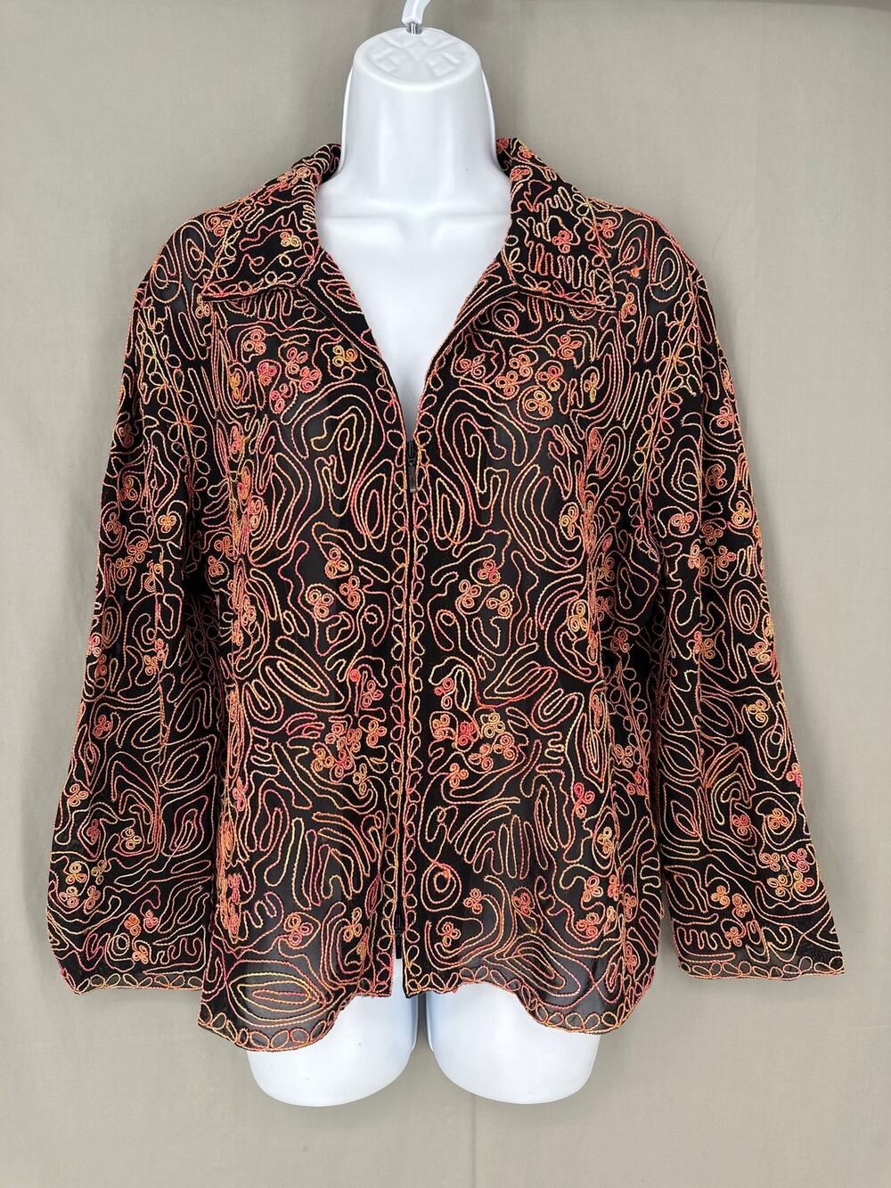 Y2K Vintage Jacket Womens XL Black Mesh Pink Yellow Abstract Zip Sheer Stretch